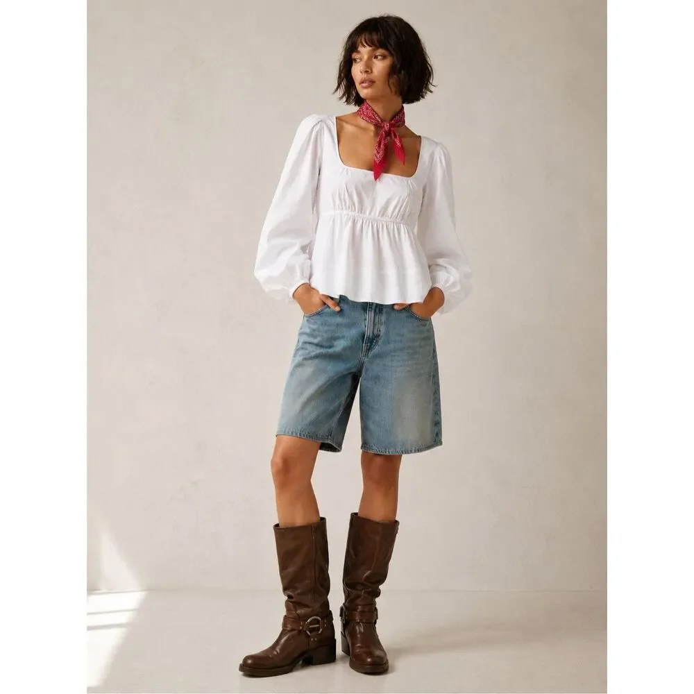 STAUD Sophie Blouse M White Square Neck Babydoll Peplum Puff Sleeve Top